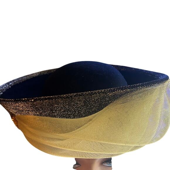 Vintage Cocktail/Derby hat black and gold with a yellow tulle accent main image 5